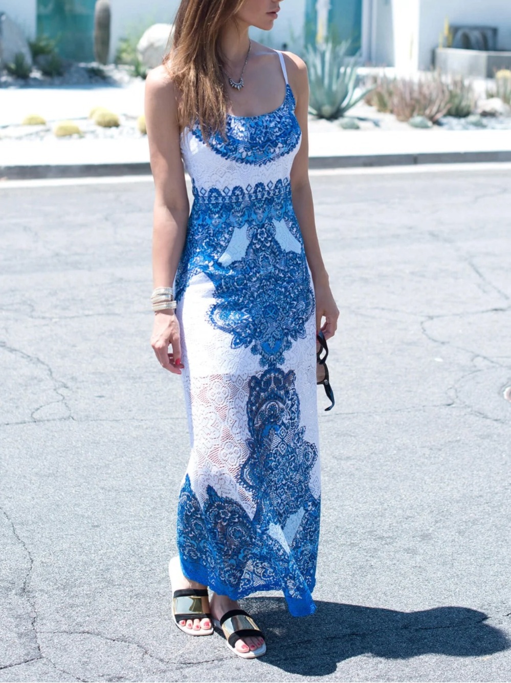 Medallion Print Lace Maxi Dress Blue & Light Gray Size Small